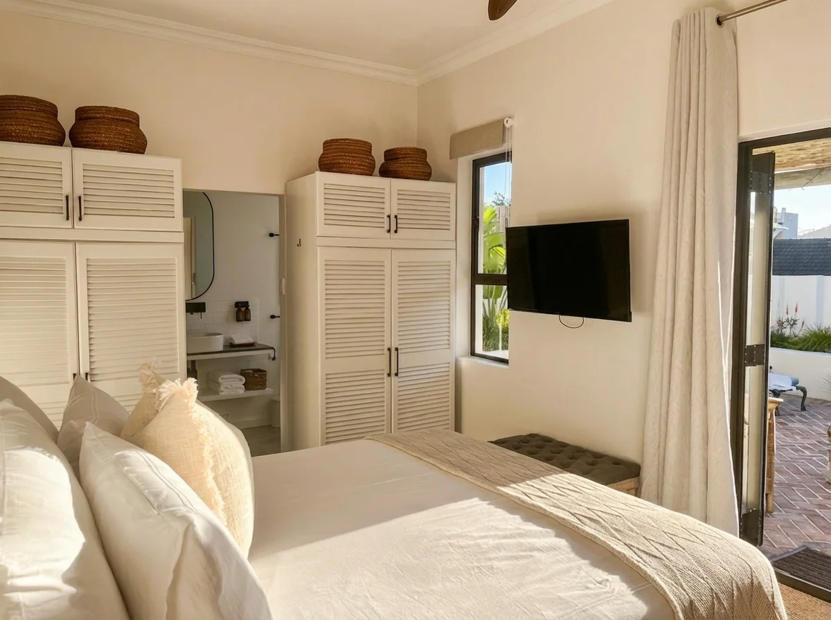 Ibis Cottage bedroom — crisp white bed, linen and woven decor, opening to the patio